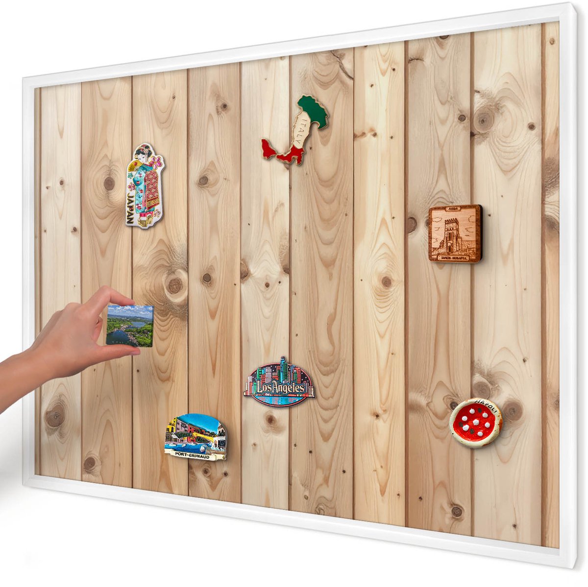 Artprintcave Beige Magneetbord mit Witte Lijst - 100x70 cm - Houten Planken Magneet Bord mit Frame - Rustiek Notitiebord - Texturen