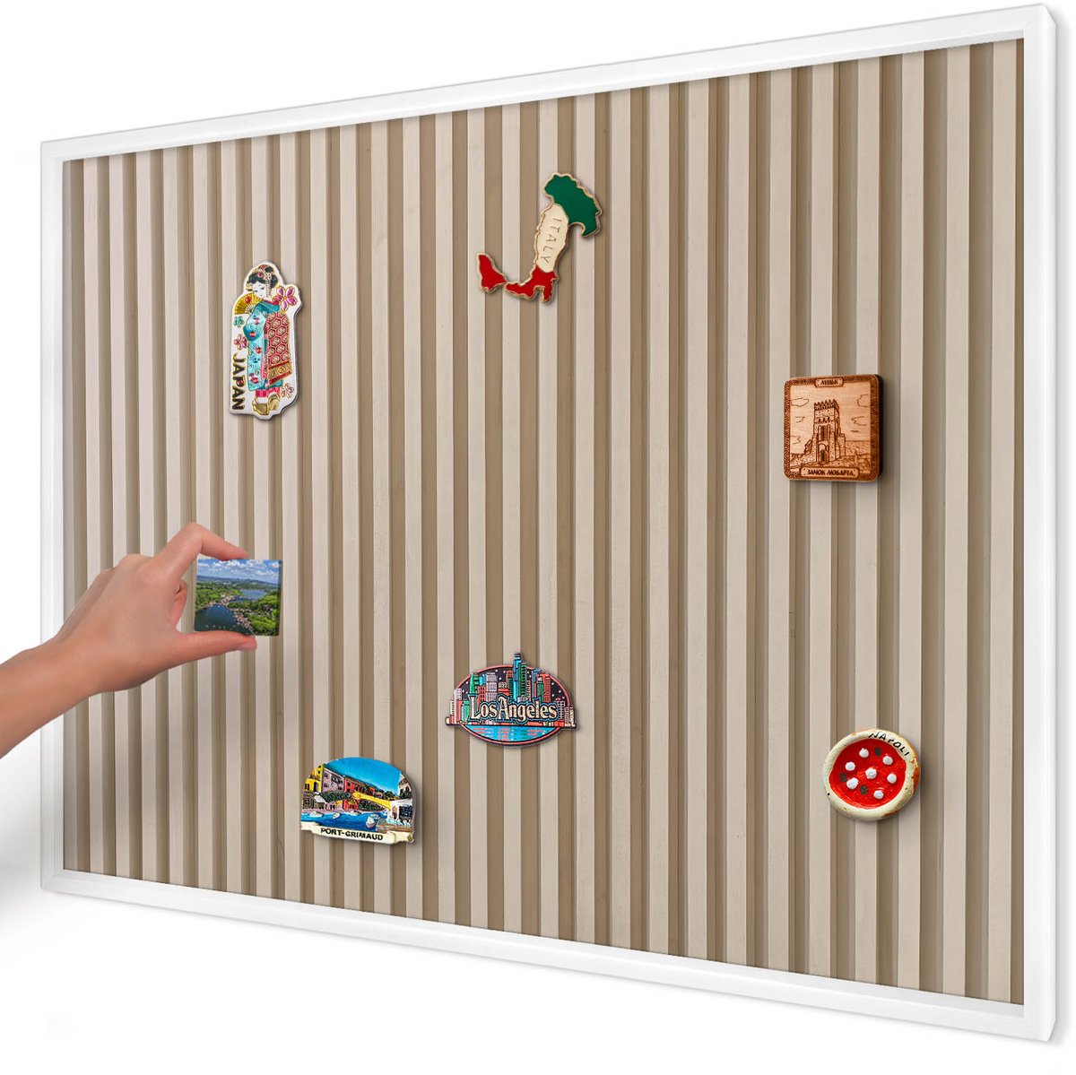 Artprintcave Beige Magneetbord mit Witte Lijst - 100x70 cm - Houten Latten Magneetbord Voor Keuken - Minimalist Magneetbord Voor Foto's - Texturen