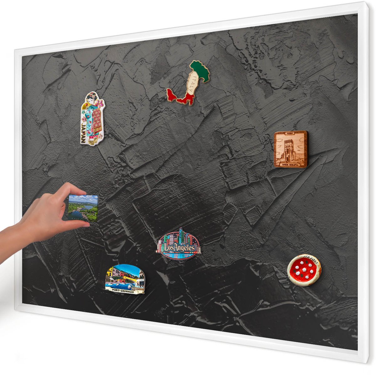 Artprintcave Zwart Magneetbord mit Witte Lijst - 100x70 cm - Gestructureerd Zwart Bord Voor Magneten - Abstract Memobord Keuken - Abstractie