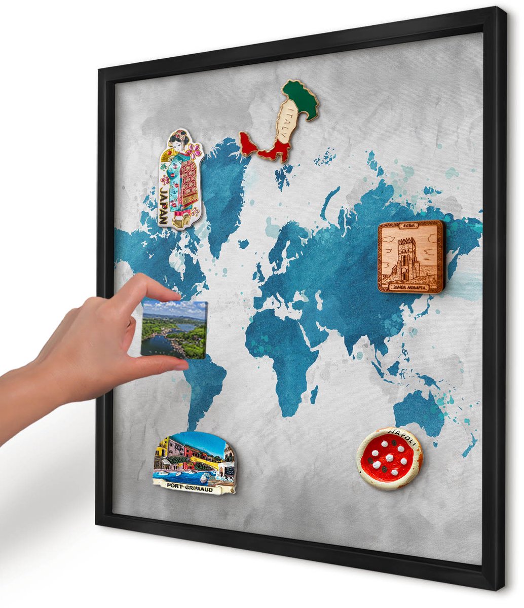 Artprintcave Blauw Magneetbord mit Zwart Frame - 50x50 cm - Aquarelkaart Magneet Bord mit Frame - Waterverf Memobord Keuken - Kaarten