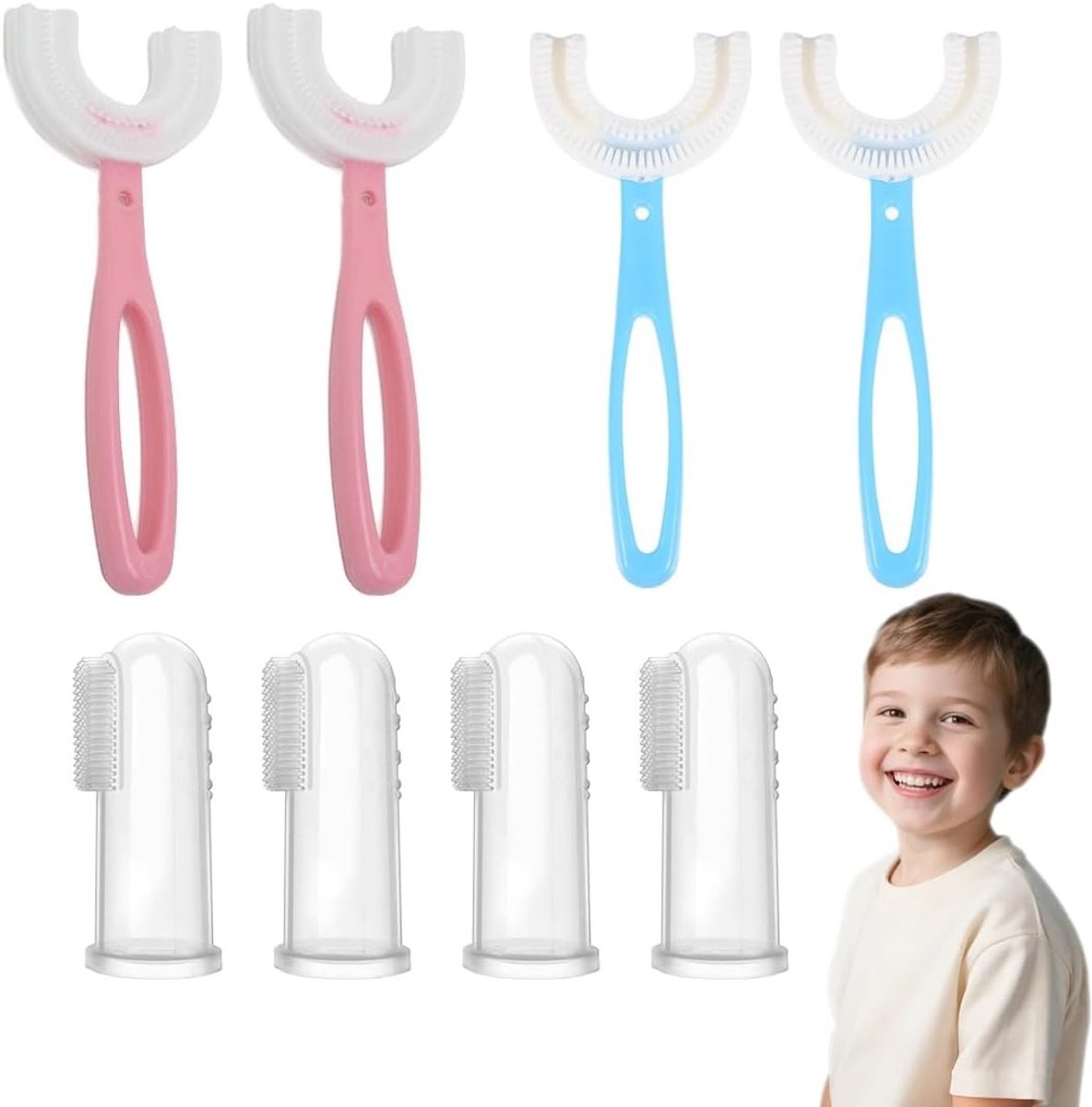 Tandenborstel set 8 stuks - 4 U-vormige + 4 vingertandenborstels - 4,5 cm - zorgt voor gezonde tanden - ShopVlot