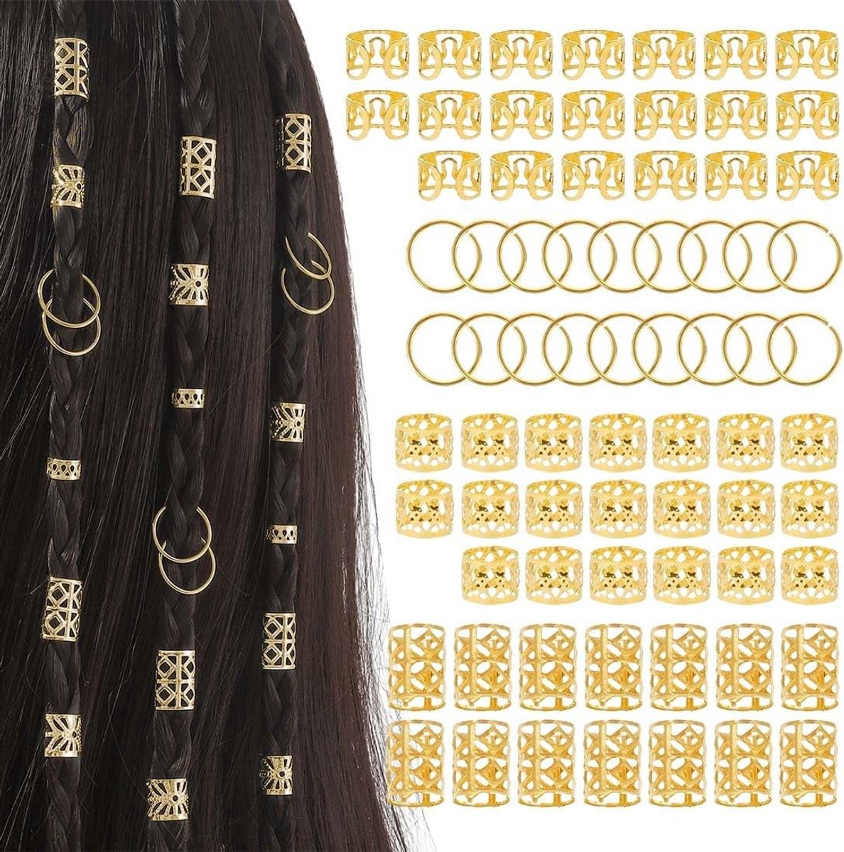 80 Stuks Haaraccessoires voor Vlechten en Dreadlocks, Verstelbare Gouden Ringen in 4 Stijlen voor Dames en Heren