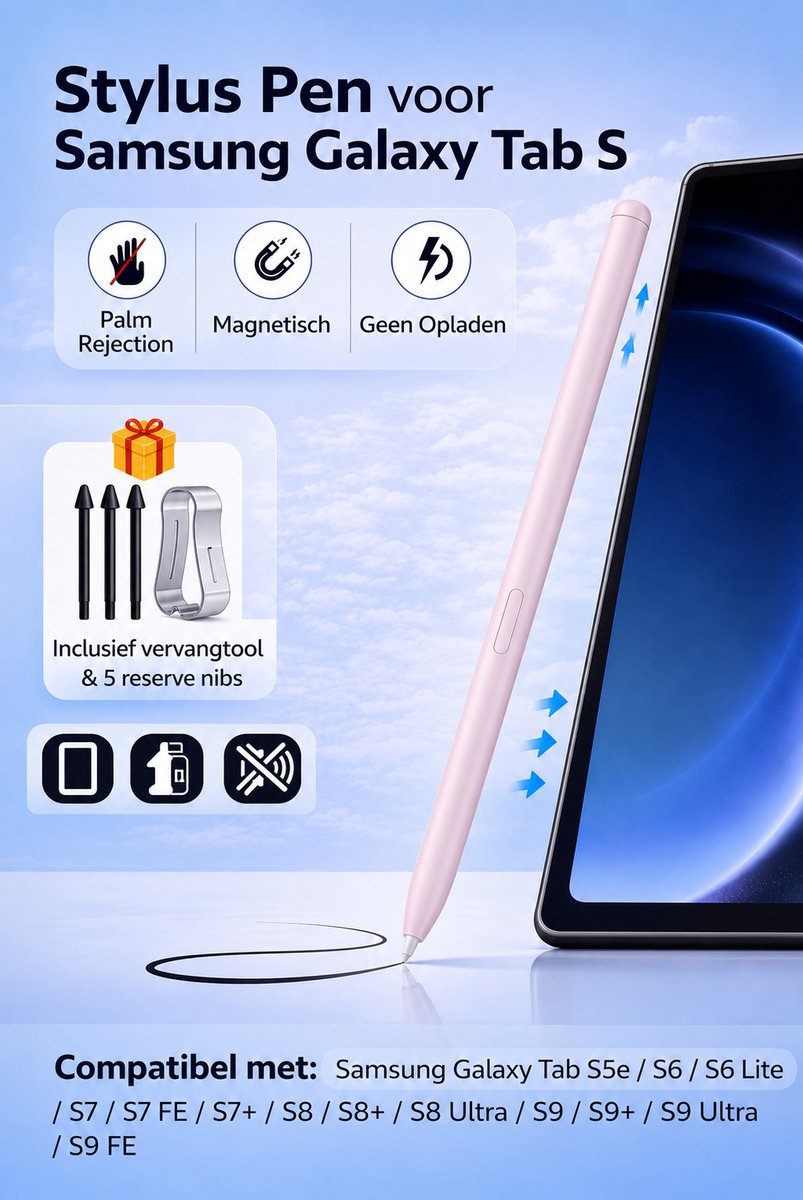 Stylus Pen voor Samsung Galaxy Tab S -Roze – Palm Rejection – Magnetisch – Met Wisserknop – Zonder Bluetooth of Opladen – Inclusief 3 Reserve Nibs – Compatibel met S6 Lite / S7 / S8 / S9