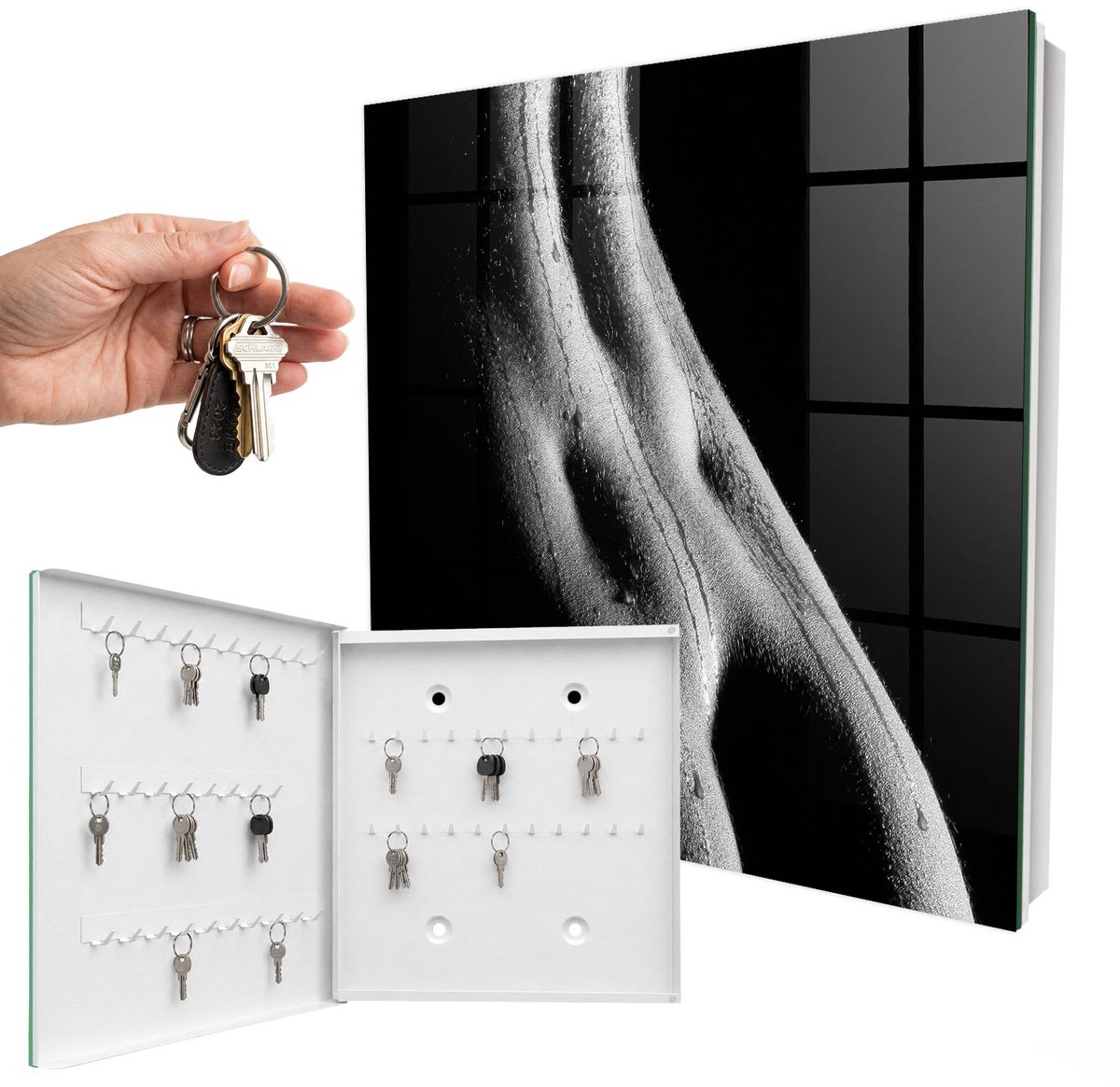 WallMuralia - Sleutelkast - 30x30x5 cm - met 50 haken - Sensuele Elegantie Sleutelkastje Hal - Zwart Sleutelbox - Linksopenend - Wit interieur