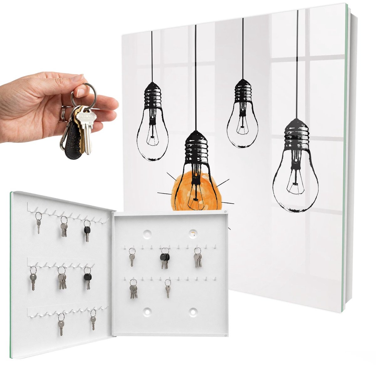 WallMuralia - Sleutelkast - 30x30x5 cm - met 50 haken - Gloeilampen Sleutelkastje - Wit Sleutelbox - Linksopenend - Wit interieur