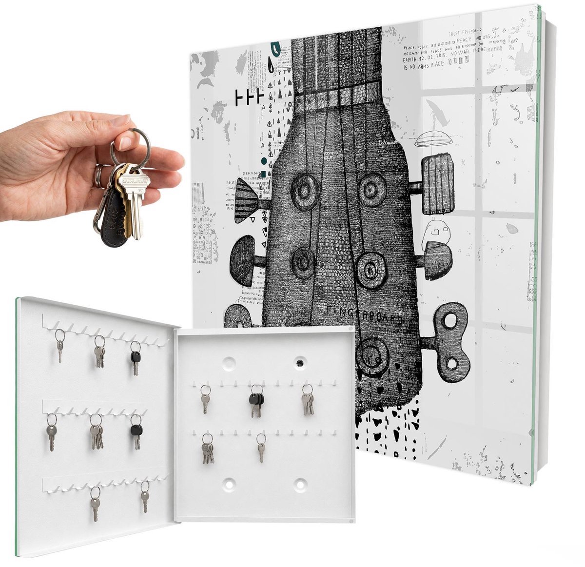 WallMuralia - Sleutelkast - 30x30x5 cm - met 50 haken - Gitaarillustratie Sleutelkastje Huis - Wit Sleutelbox - Linksopenend - Wit interieur