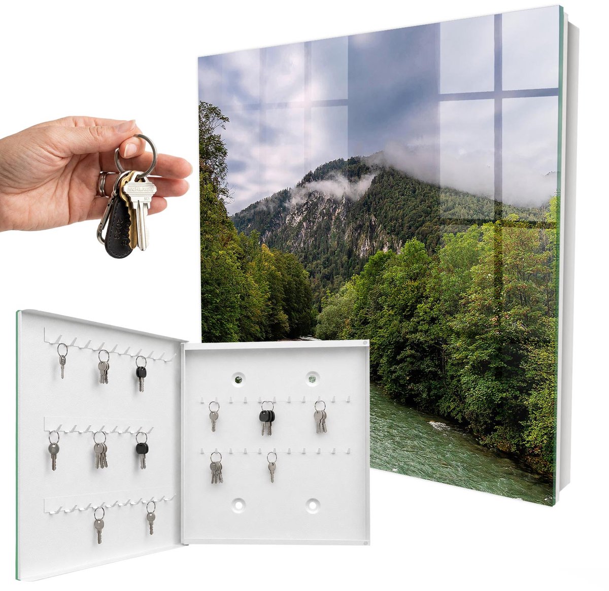 WallMuralia - Sleutelkast - 30x30x5 cm - met 50 haken - Berglandschap Sleutelkastje Hal - Groente Sleutelbox - Linksopenend - Wit interieur