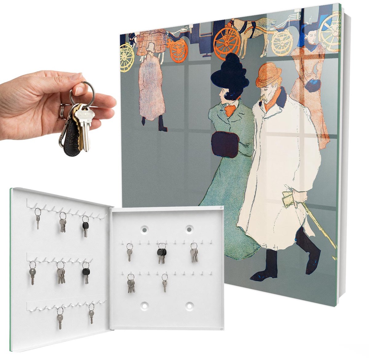 WallMuralia - Sleutelkast - 30x30x5 cm - met 50 haken - Stadswandeling Sleutelkastje Industrieel - Grijs Sleutelbox - Linksopenend - Wit interieur