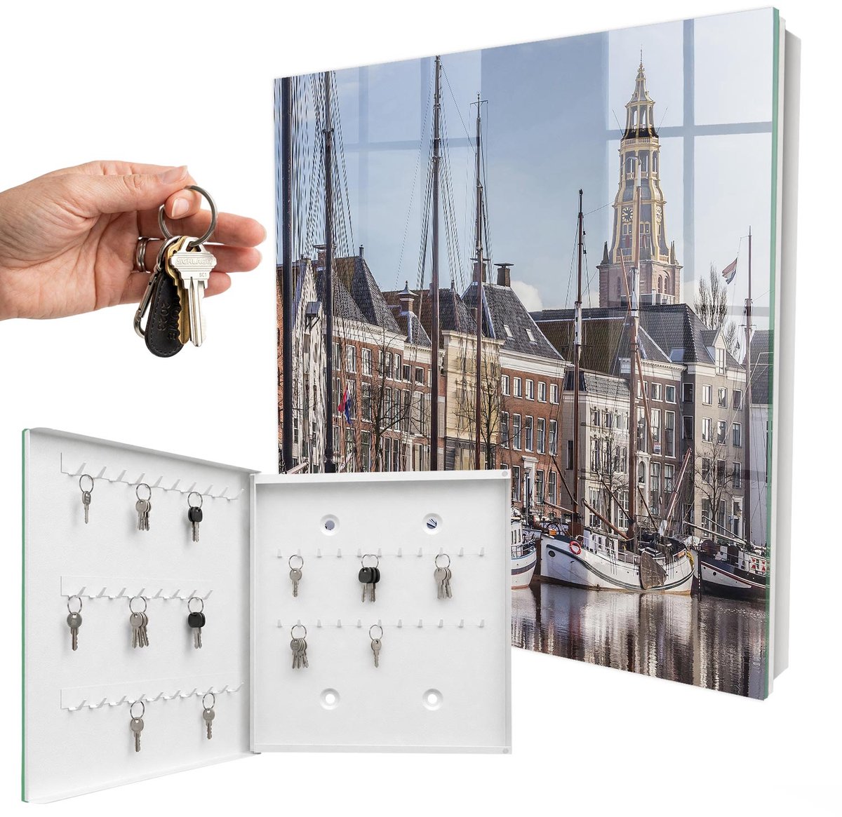 WallMuralia - Sleutelkast - 30x30x5 cm - met 50 haken - Zeilen Op Het Water Sleutelkastje Klein - Blauw Sleutelbox - Linksopenend - Wit interieur