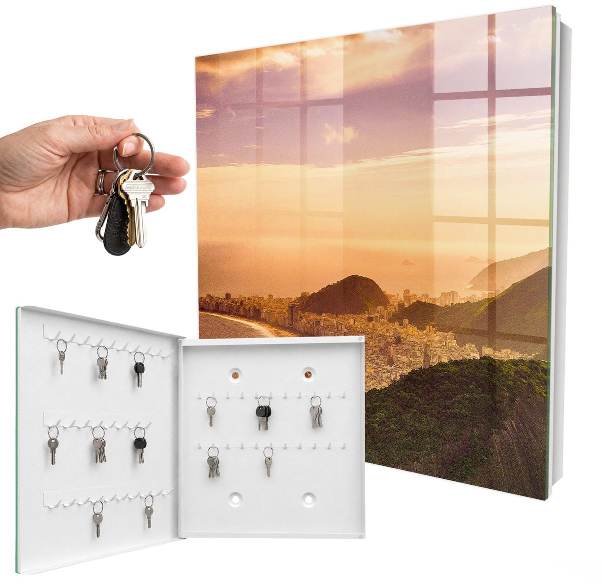 WallMuralia - Sleutelkast - 30x30x5 cm - met 50 haken - Stedelijke Harmonie Sleutelkastje Industrieel - Oranje Sleutelbox - Linksopenend - Wit interieur
