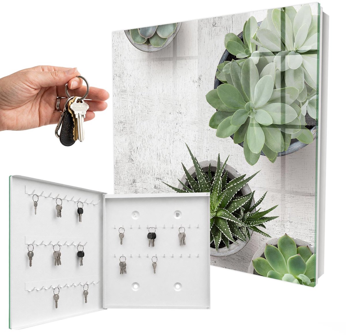 WallMuralia - Sleutelkast - 30x30x5 cm - met 50 haken - Groene Vetplanten Sleutelkastje Voor Binnen - Groente Sleutelbox - Linksopenend - Wit interieur