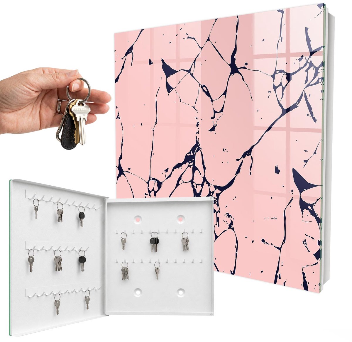 WallMuralia - Sleutelkast - 30x30x5 cm - met 50 haken - Marmeren Mozaïek Sleutelkastje Modern - Roze Sleutelbox - Linksopenend - Wit interieur