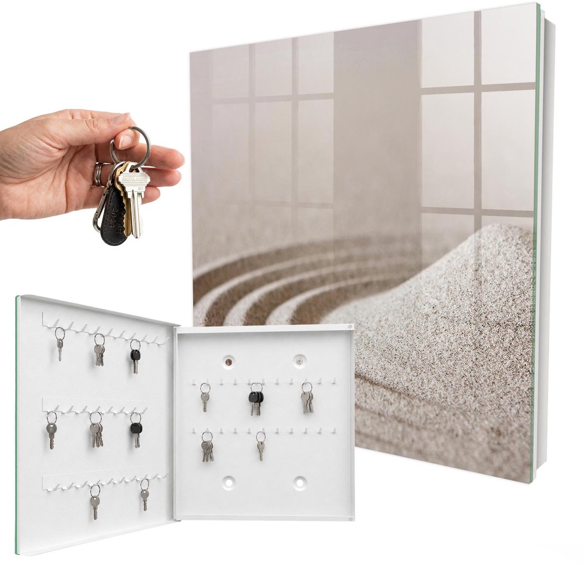 WallMuralia - Sleutelkast - 30x30x5 cm - met 50 haken - Zen-Tuin Sleutelkastje Klein - Beige Sleutelbox - Linksopenend - Wit interieur