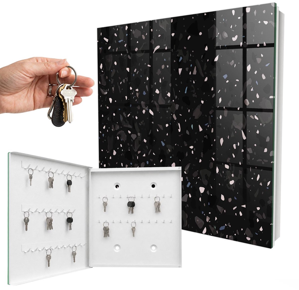 WallMuralia - Sleutelkast - 30x30x5 cm - met 50 haken - Zwart Terrazzo Sleutelkastje Gang - Zwart Sleutelbox - Linksopenend - Wit interieur