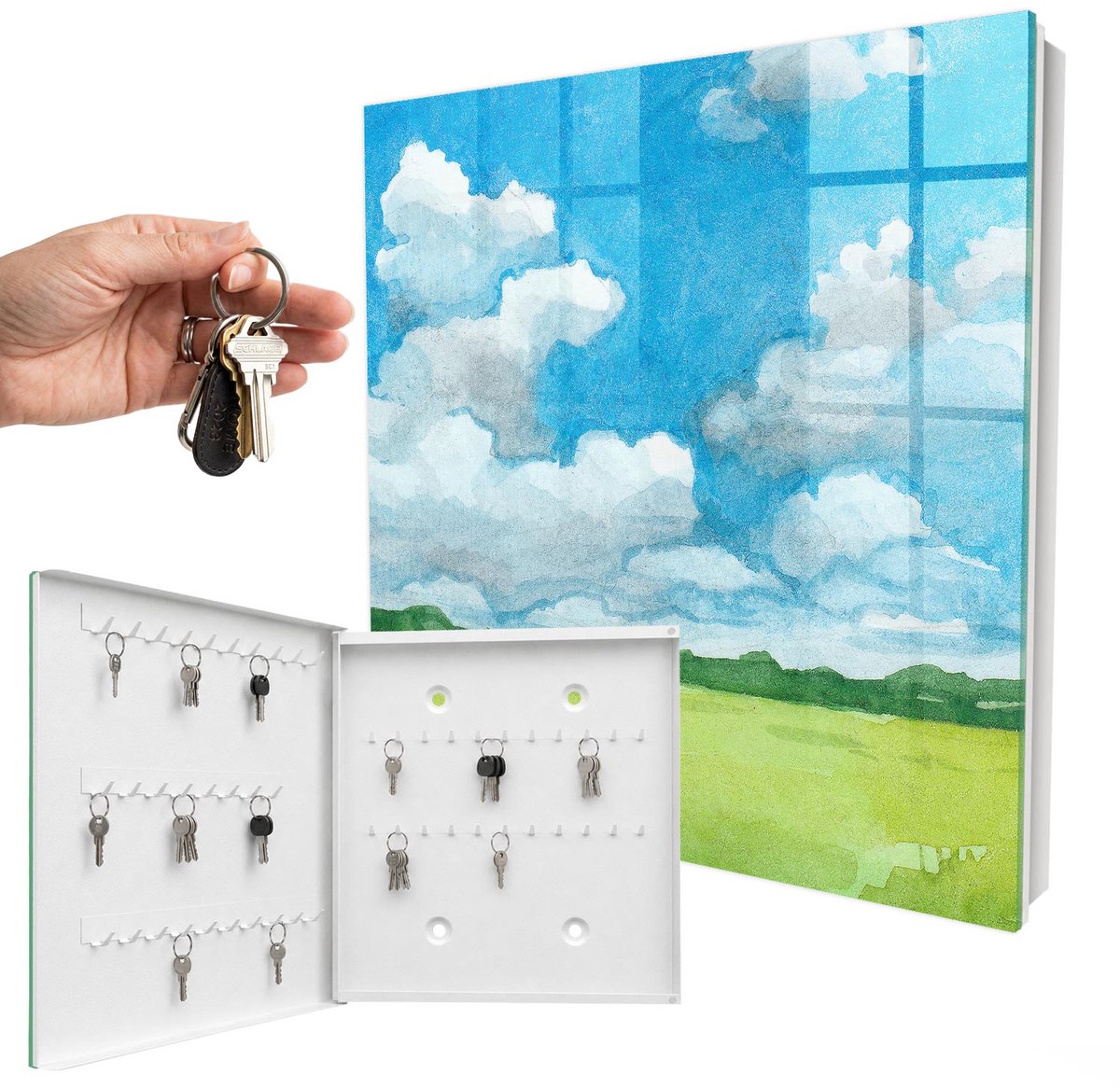 WallMuralia - Sleutelkast - 30x30x5 cm - met 50 haken - Zomerlandschap Sleutelkastje Huis - Blauw Sleutelbox - Linksopenend - Wit interieur