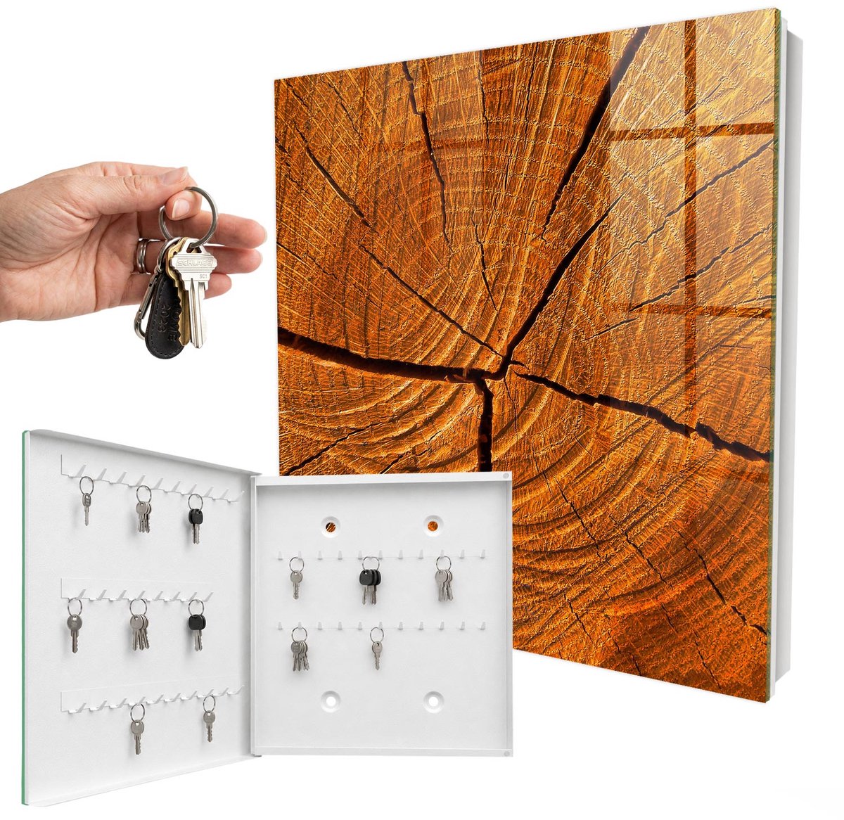 WallMuralia - Sleutelkast - 30x30x5 cm - met 50 haken - Houtnerf Sleutelkastje Hal - Oranje Sleutelbox - Linksopenend - Wit interieur