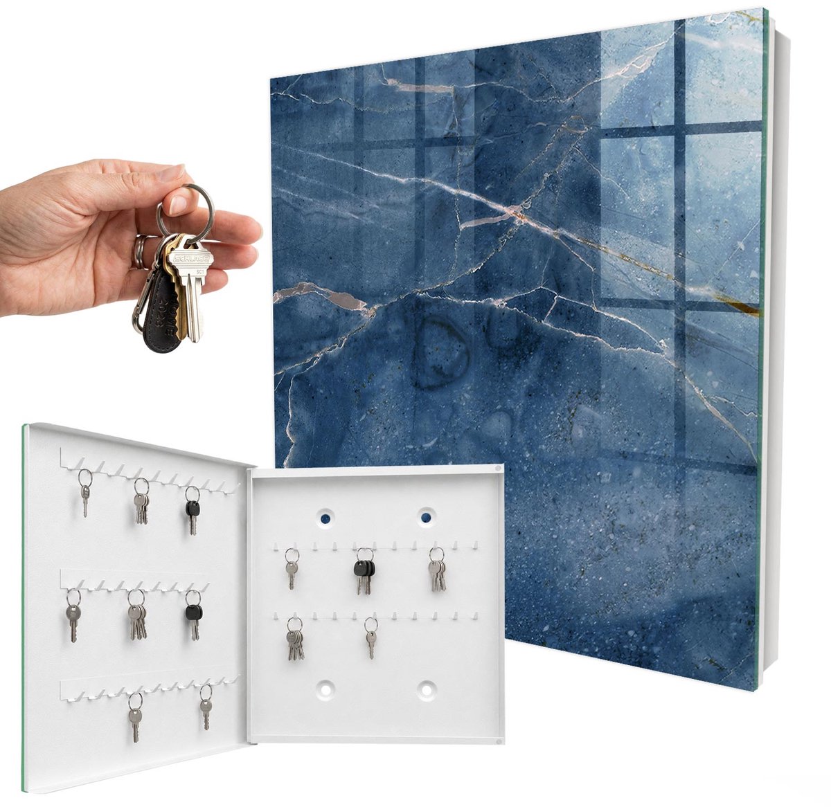 WallMuralia - Sleutelkast - 30x30x5 cm - met 50 haken - Blauwe Marmer Sleutelkastje Huis - Blauw Sleutelbox - Linksopenend - Wit interieur