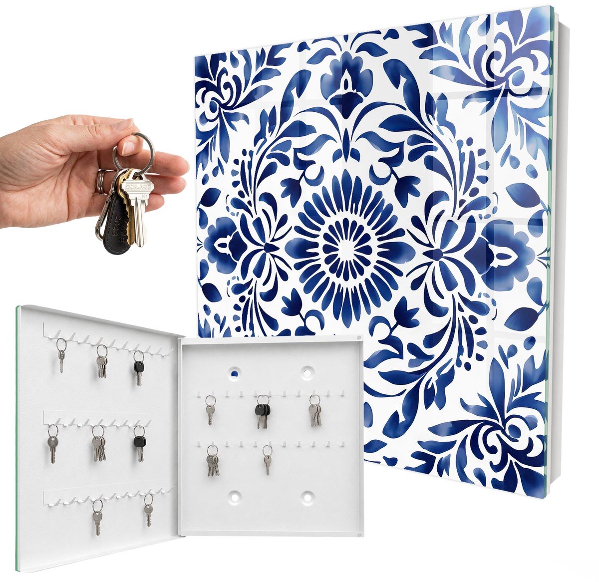 WallMuralia - Sleutelkast - 30x30x5 cm - met 50 haken - Bloemenornament Sleutelkastje - Blauw Sleutelbox - Linksopenend - Wit interieur