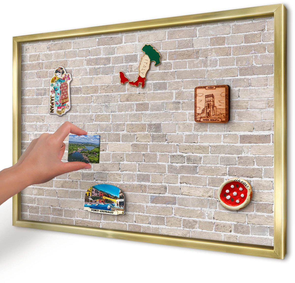 Artprintcave Beige Magneetbord mit Gouden Frame - 60x40 cm - Baksteenpatroon Magneet Bord mit Frame - Industrieel/Loft Magnetisch Bord - Achtergronden En Patronen
