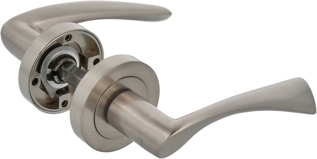 - Set van 2 zilverkleurige ronde rozet deurklinken - Met zamak handgreep - Mat chroom afwerking - Voor binnendeuren - Rozetdiameter Ø52 mm - Inclusief schroeven