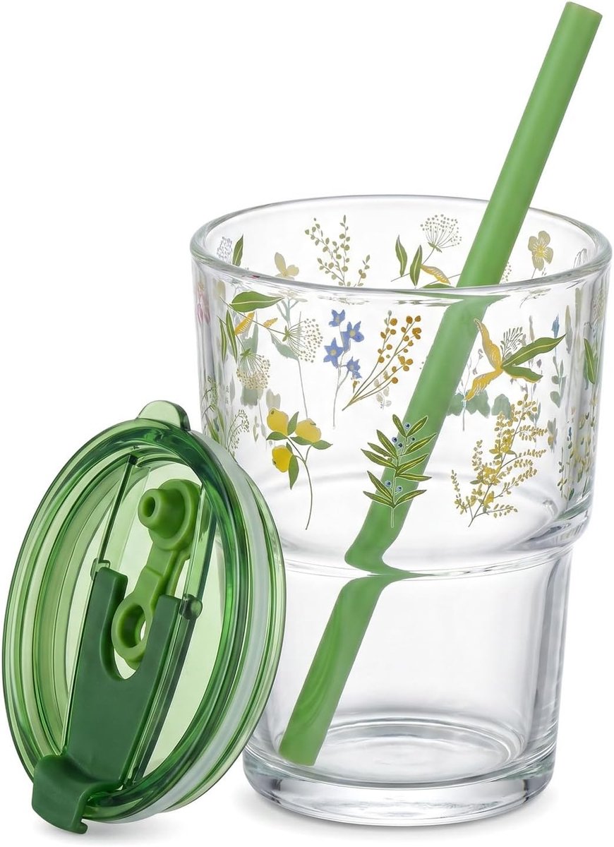 Glazen beker, 435 ml, met rietje en deksel, hittebestendige glazen beker met groene bloemenstickers, ideaal voor ijskoffie, smoothies, sappen en water, zomergeur