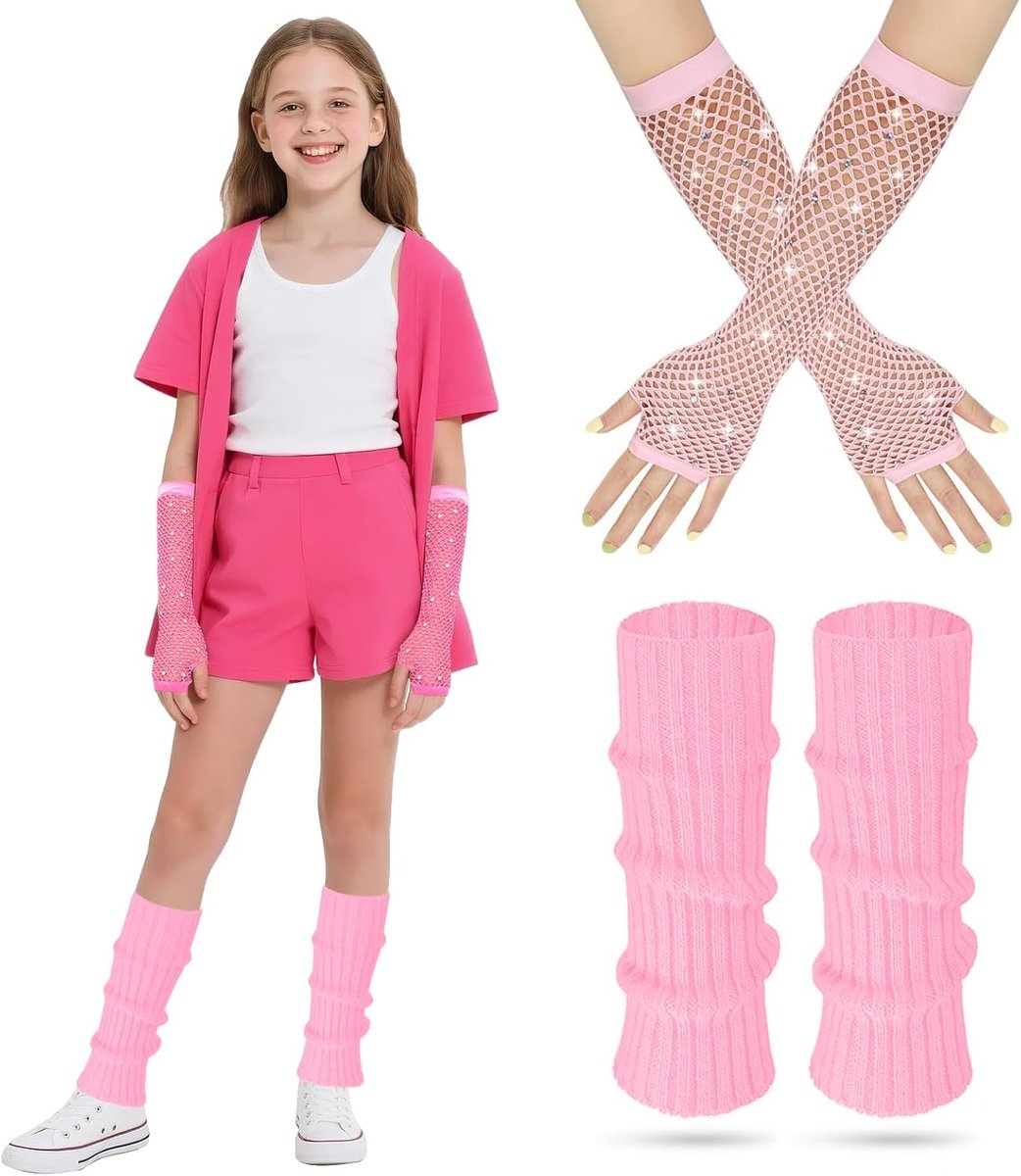 Bambin beenwarmers in jaren 80-stijl, retro neon beenverwarming en glitter, fishnet handschoenen voor kinderen, voor jaren 80-themafeest, neon dans, partyjurk, fantasie