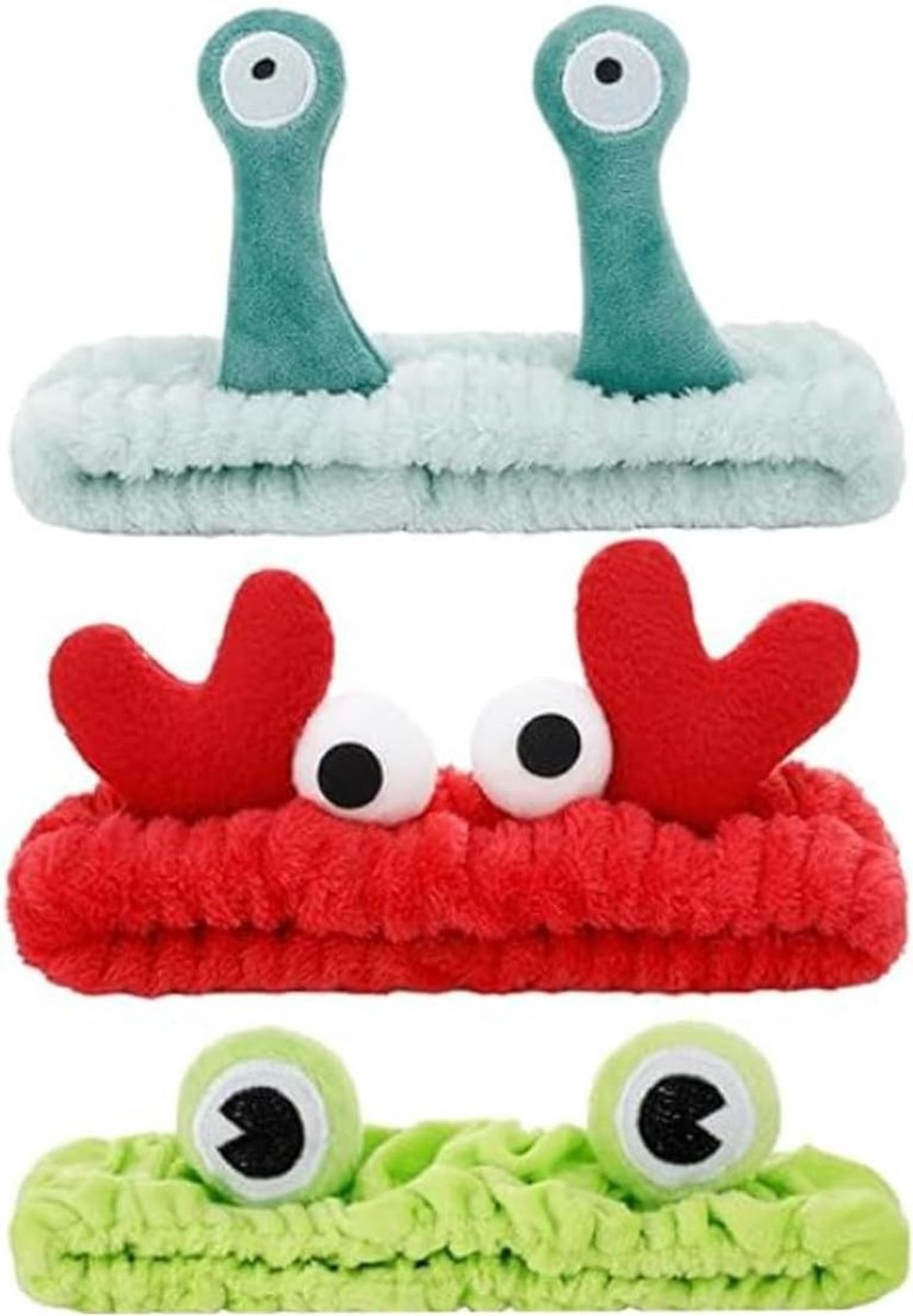 Schattige gezichtwasbanden met slak, kikker en krab ontwerpen - 3 stuks, ideaal voor make-up, douchen en sportactiviteiten