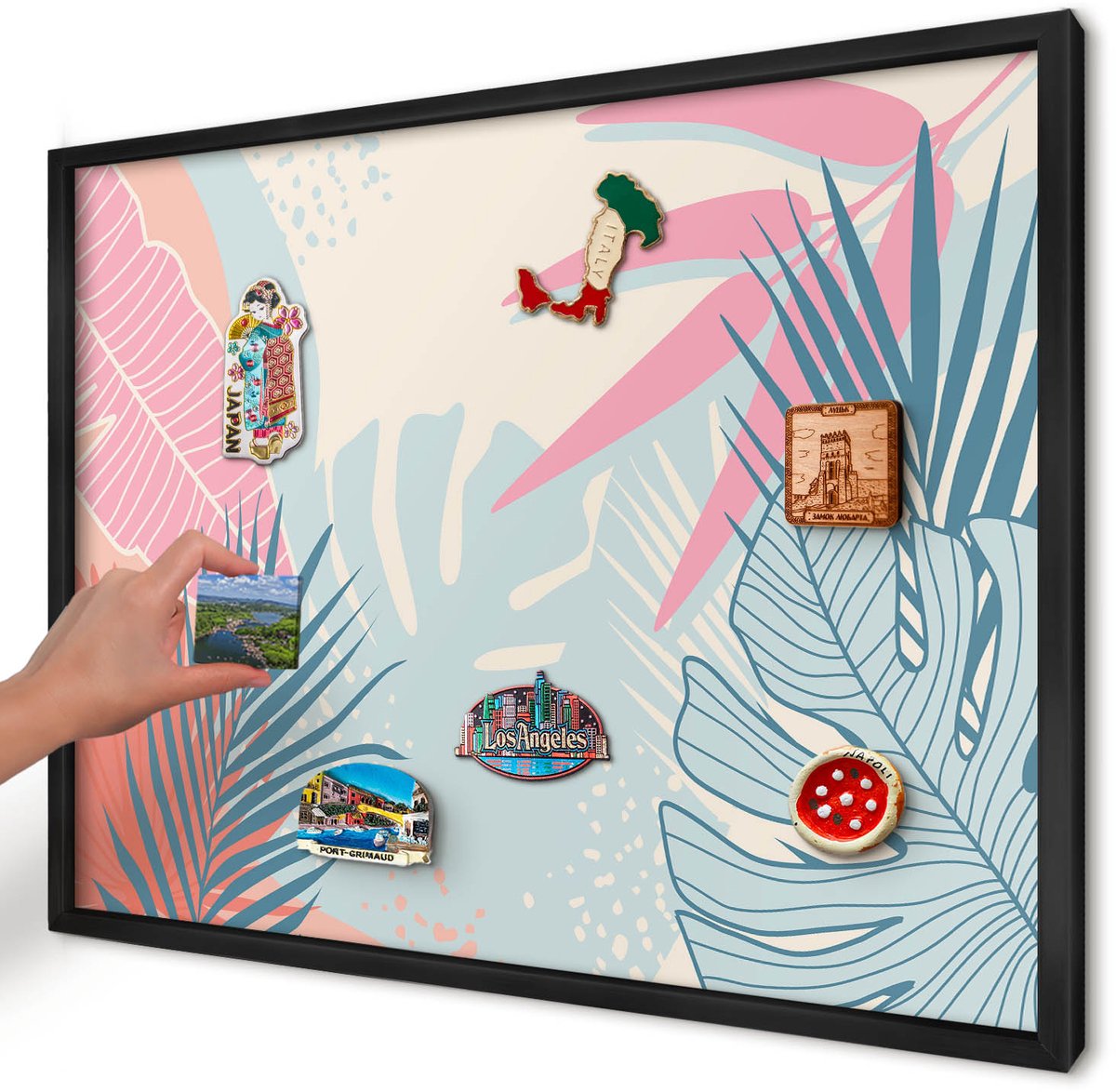 Artprintcave Romig Magneetbord mit Zwart Frame - 70x50 cm - Tropische Abstractie Magneetbord Voor Keuken - Abstract Memobord Keuken - Bloemen En Planten