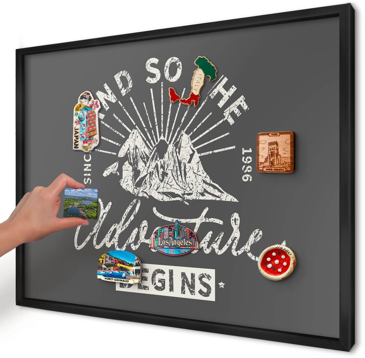 Artprintcave Grijs Magneetbord mit Zwart Frame - 70x50 cm - Berginscriptie Wandbord Magnetisch - Vintage Memobord Keuken - Teksten