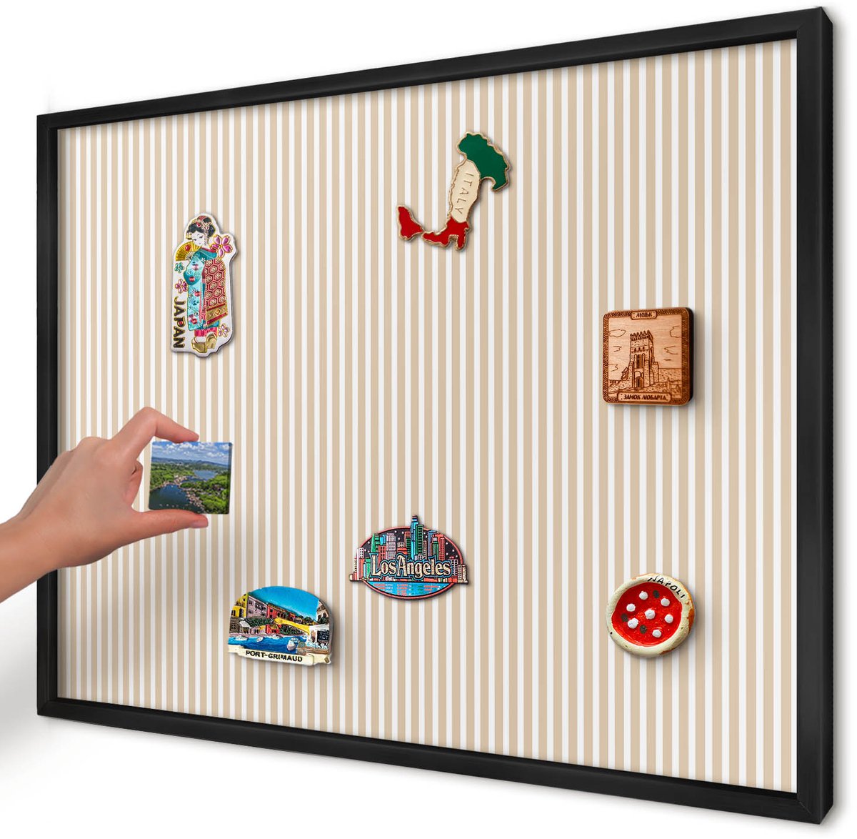 Artprintcave Beige Magneetbord mit Zwart Frame - 70x50 cm - Verticale Strepen Bord Voor Magneten - Minimalist Memobord Keuken - Achtergronden En Patronen