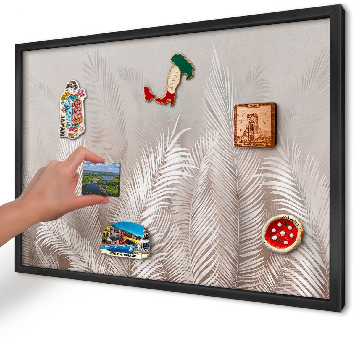 Artprintcave Beige Magneetbord mit Zwart Frame - 60x40 cm - Bladeren Van De Natuur Magneetbord Voor Foto's - Minimalist Magneetbord Voor Keuken - Bloemen En Planten