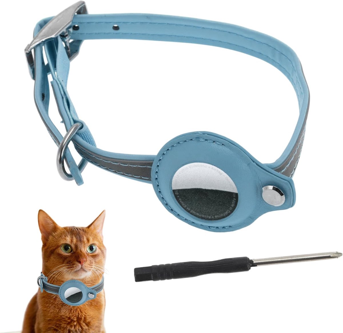 Kattenhalsband reflecterend - PU-halsband met airtag-houder - verstelbaar en veilig - ideaal voor kittens en puppy's - ShopVlot