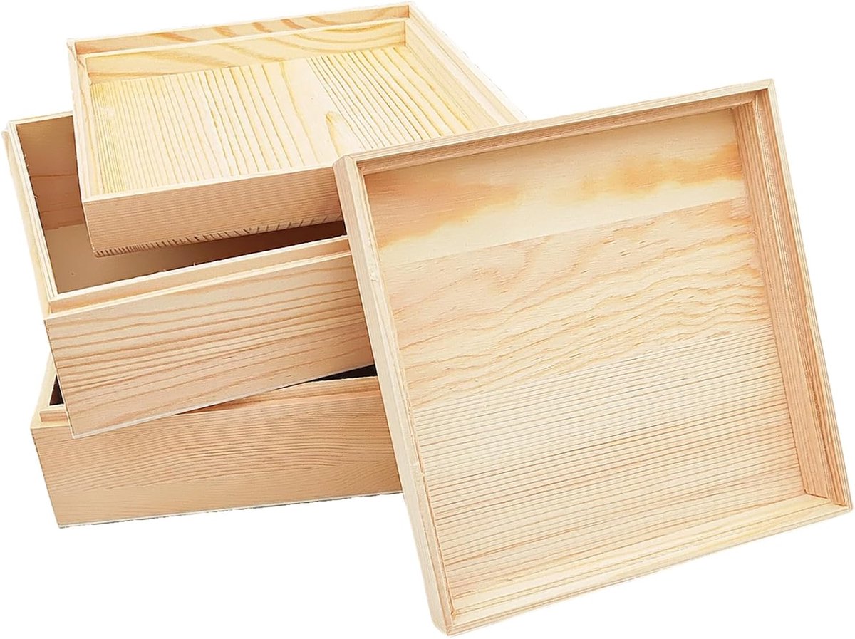 2 stuks onafgewerkte houten opbergdoos met bovendeksel, houten