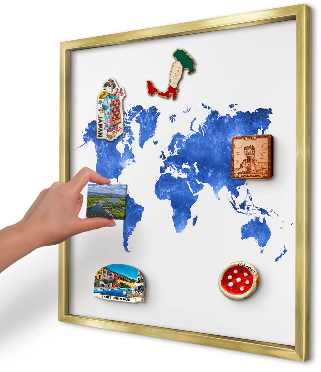 Artprintcave Blauw Magneetbord mit Gouden Frame - 50x50 cm - Wereldkaart Magneet Bord mit Frame - Abstract Memobord Keuken - Kaarten