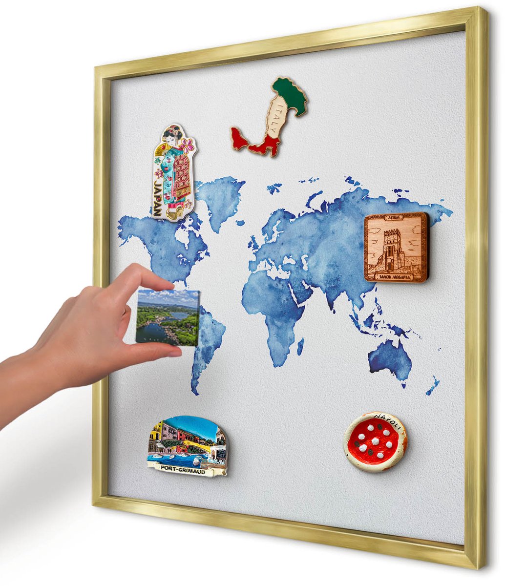 Artprintcave Blauw Magneetbord mit Gouden Frame - 50x50 cm - Aquarelkaart Magnetisch Bord - Waterverf Bord Voor Magneten - Kaarten