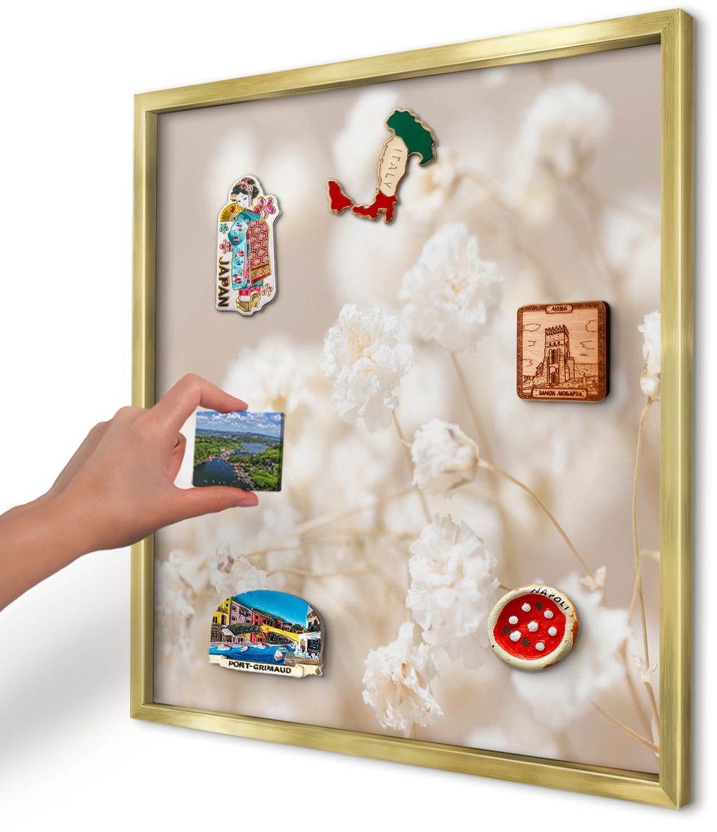 Artprintcave Beige Magneetbord mit Gouden Frame - 50x50 cm - Beige Bloemen Bord Voor Magneten - Minimalist Memobord Keuken - Bloemen En Planten