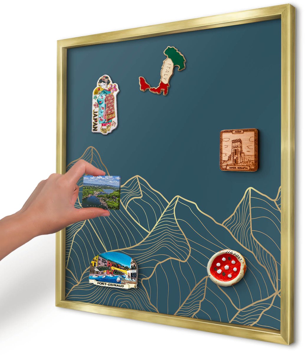 Artprintcave Blauw Magneetbord mit Gouden Frame - 50x50 cm - Bergminimalisme Magneet Bord mit Frame - Minimalist Notitiebord - Landschappen