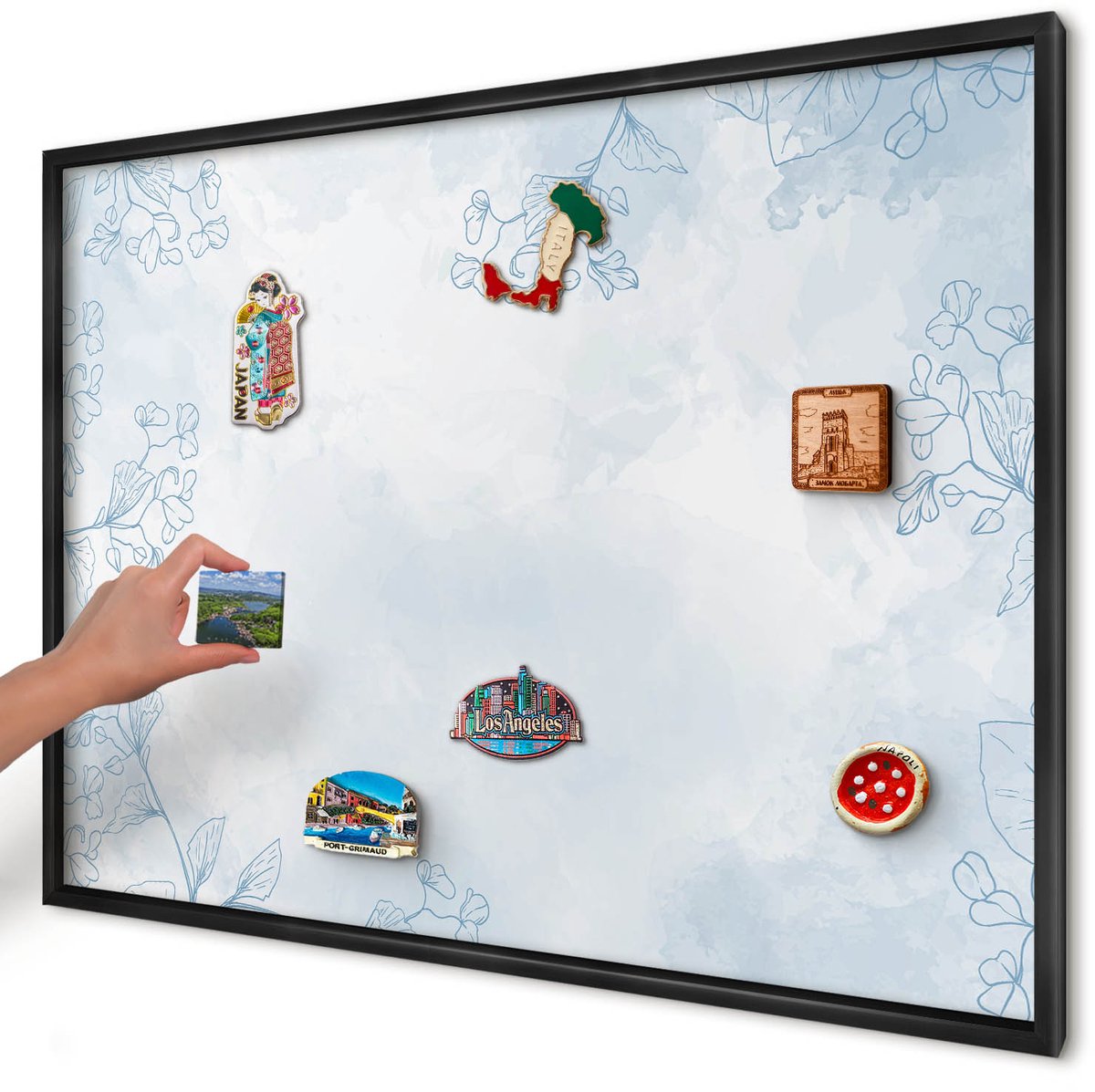Artprintcave Wit Magneetbord mit Zwart Frame - 100x70 cm - Bloemrijke Elegantie Magneetbord Voor Keuken - Minimalist Wandbord Magnetisch - Bloemen En Planten