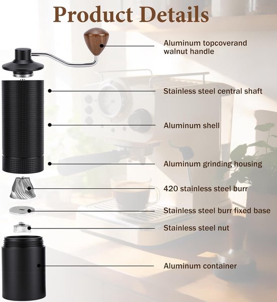 Handmatige Koffiemolen met 20g Capaciteit, Precisie RVS Molen, Ideaal voor Moka, French Press en Filterkoffie — afbeelding 3