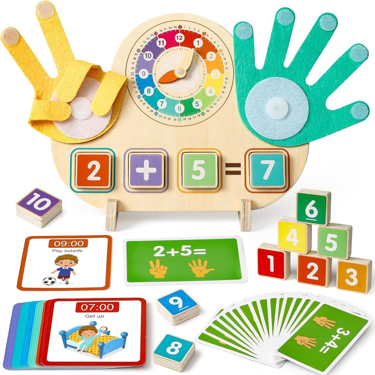 Montessori Speelgoed vanaf 3 jaar, hout, wiskunde, educatief speelgoed, klok & vingertelwiskunde en cijferbouwstenen en rekenen, speelgoed, kinderen, pedagogisch cadeau, verjaardag, jongens