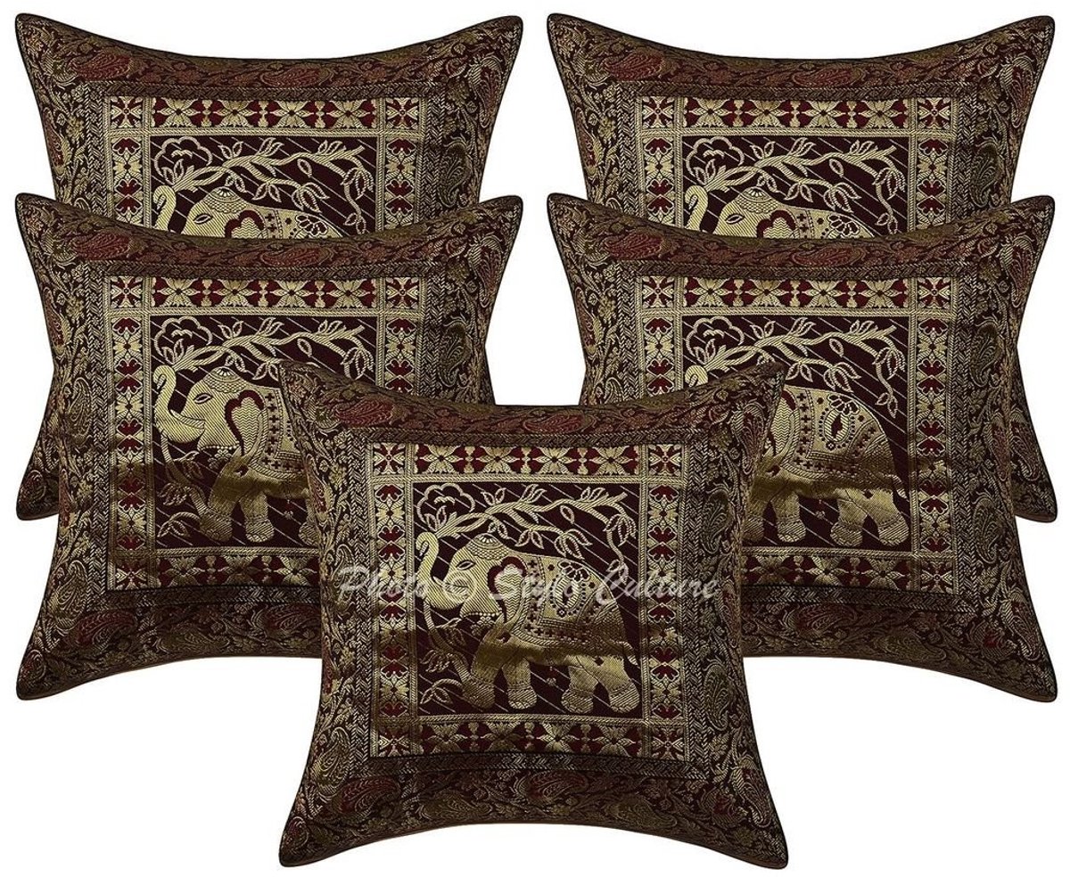 Omgoods - Ethnic 40x40 Kussenhoes Set van 5 - Donkerbruine Brocade Olifanten Design