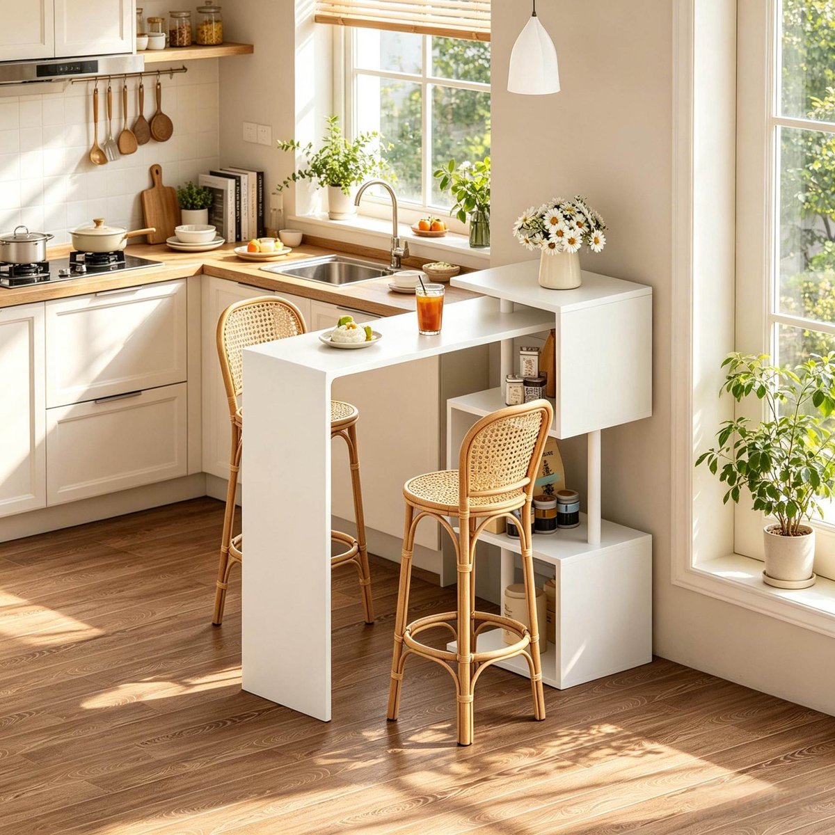 COVREO Bartafel 134x50x100 cm wit, MDF en metaal met 3 opbergplanken