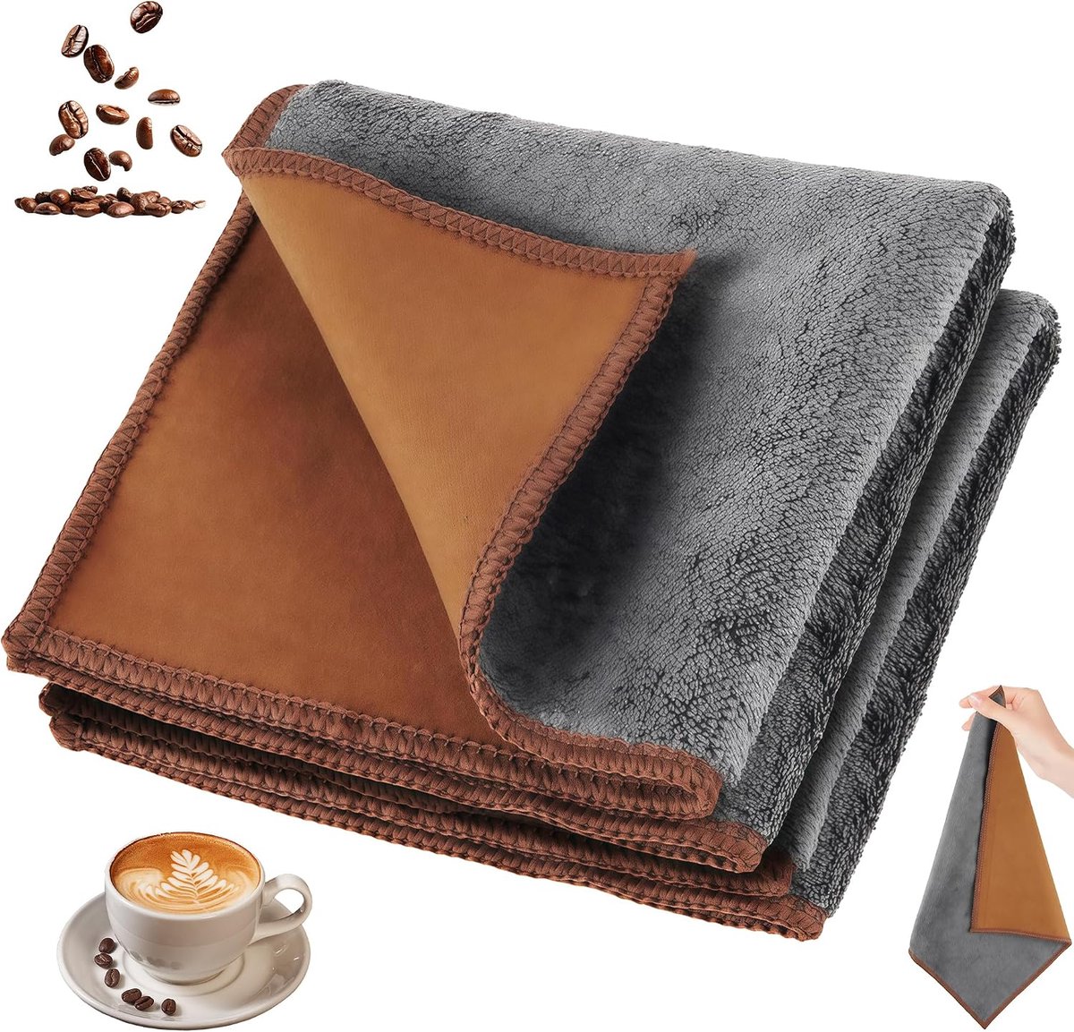 Barista Doekjes 30x30 cm - 3 Stuks - Dubbelzijdige Reinigingsdoek voor Espressomachine & Stoompijpje - voor Portafilter, Koffiehoek & Keuken - Bruin & Grijs