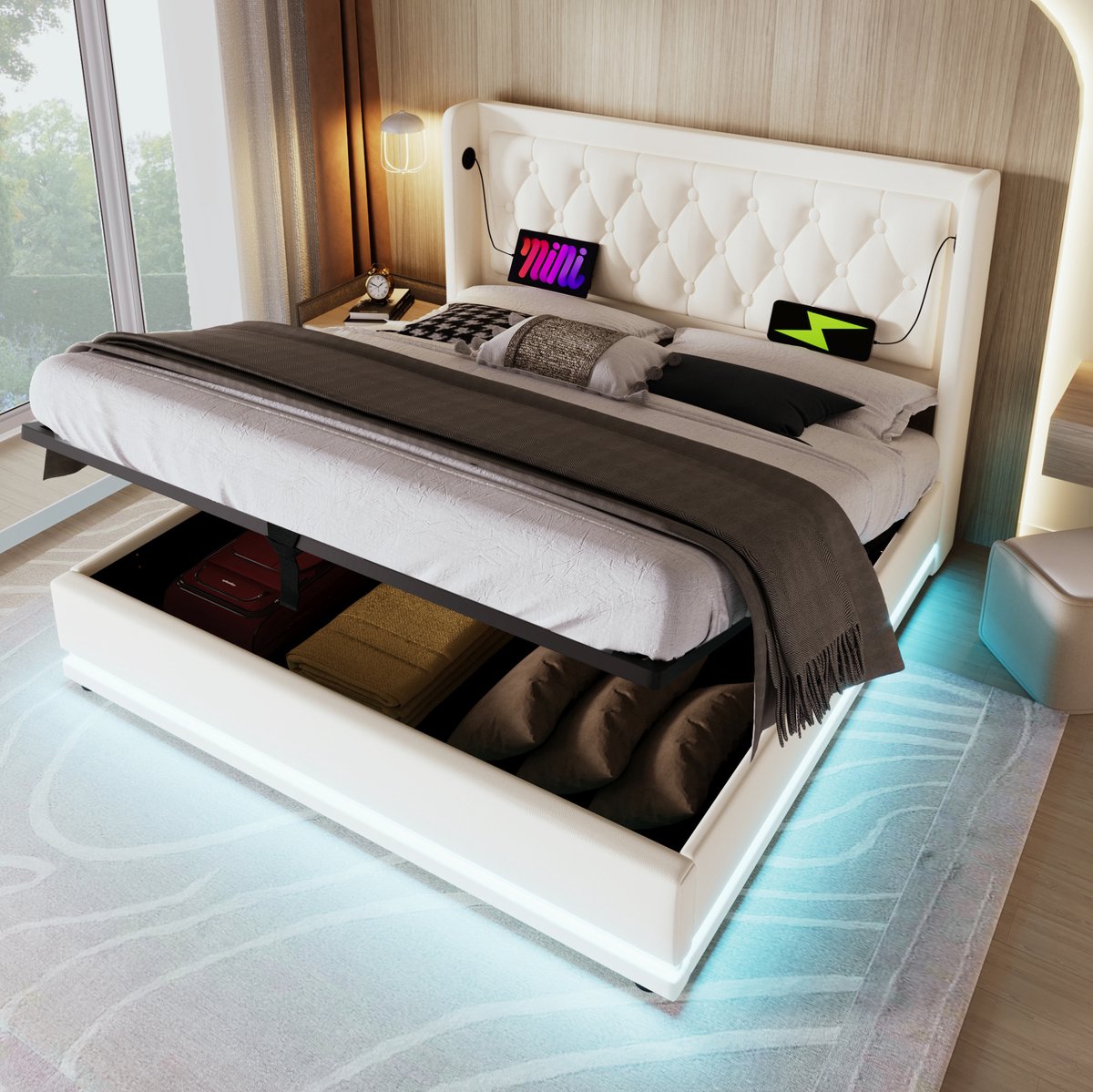 REDOM- Bedframe - Gestoffeerd hoofdbord met knopen - Hydraulische opbergruimte - USB-C laadfunctie - 3-zijdige LED-verlichting - Wit - PU - 180 x 200 cm