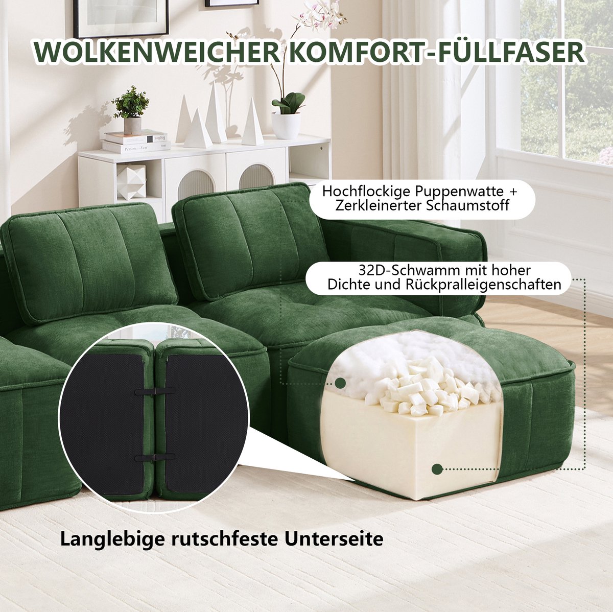 MEUNIQ Modulaire tweezitsbank 198 x 162 x 67 cm met 2 hockers, zachte polyester bekleding, diepe zit en woonkameropstelling in groen