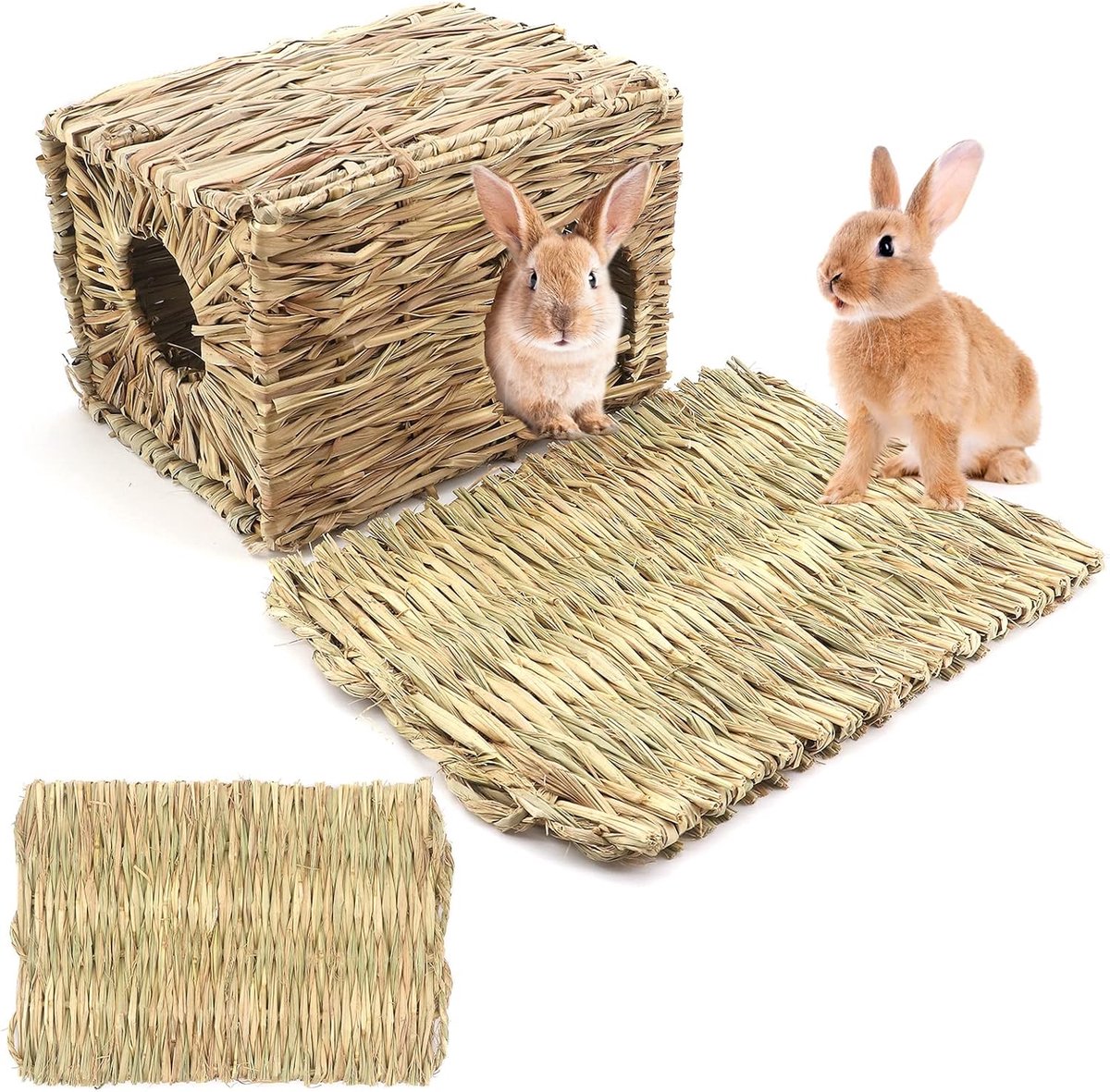 Grashuis voor konijn, handgemaakt natuurlijk gras, opvouwbare bedhut