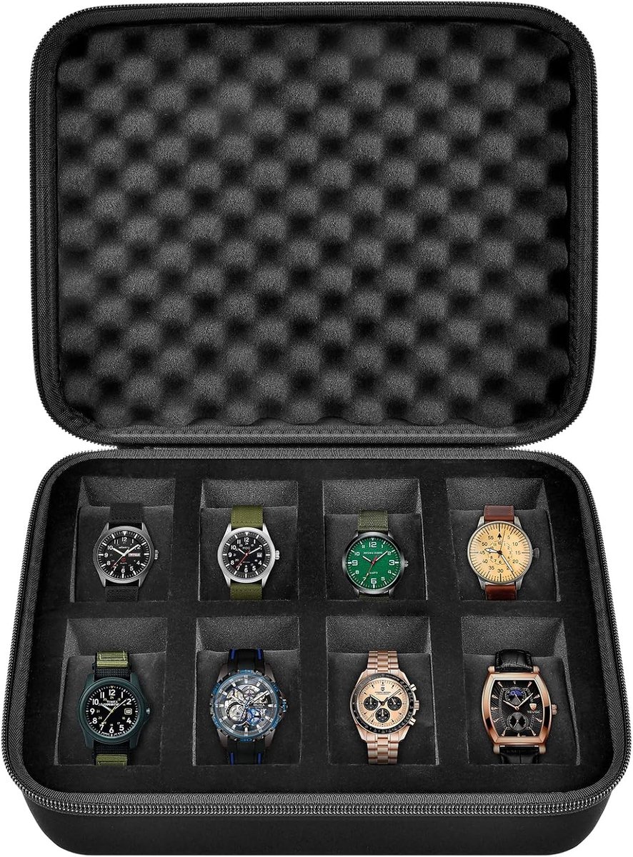 Horlogebox voor 8 horloges, EVA-hardshell horlogekoffer 8 uitneembare