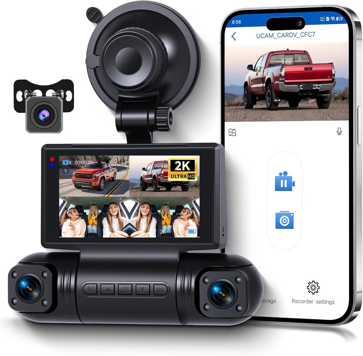 SnelShoppen - Rimoody Dashcam 2K 4 Camera Systeem, WiFi App, 360° Auto Camera met Nachtzicht, Bewegingssensor, Parkeerhulp, G-Sensor voor Auto