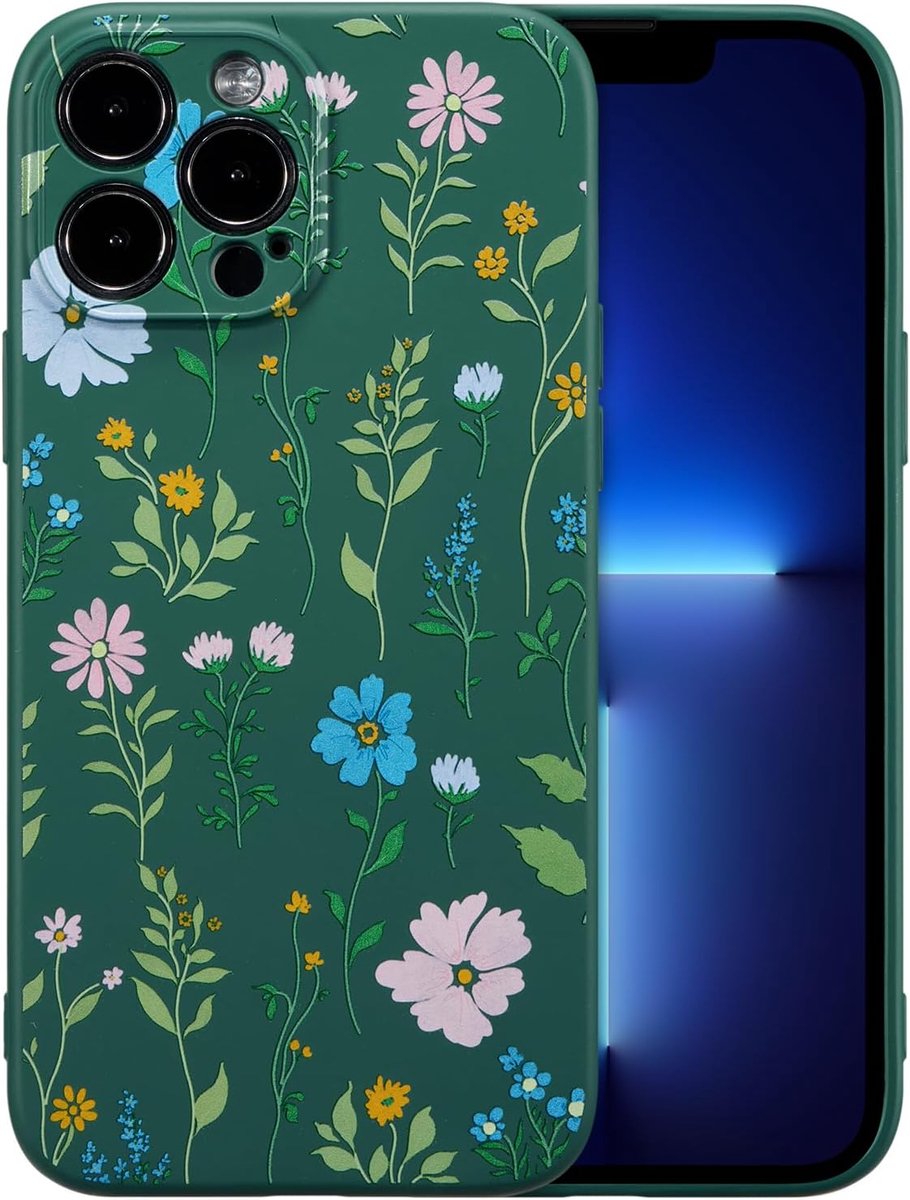 Hoesje met bloemenmotief voor iPhone 13 Pro Max (6,7 inch), van vloeibare siliconen met bloemen- en kosmospatroon, voor meisjes en vrouwen, slank, van zacht rubber, beschermend, donkergroen
