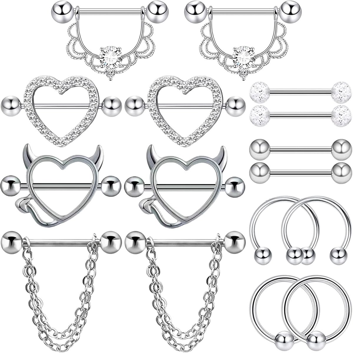 8 paar tepelpiercing-sieraden, 14G tepelstang, staafpiercing